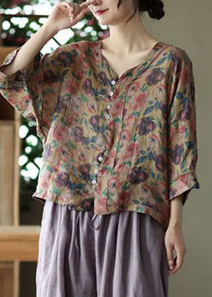 Coffee V Neck Print Linen Shirt Tops Summer