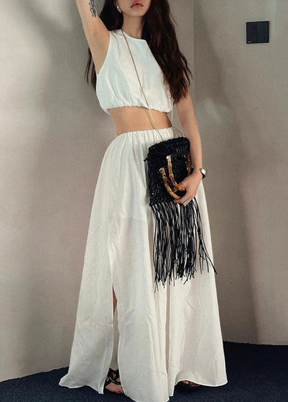 Brief White O-neck Vest and Side Open Maxi Skirts Two Piece Set Summer