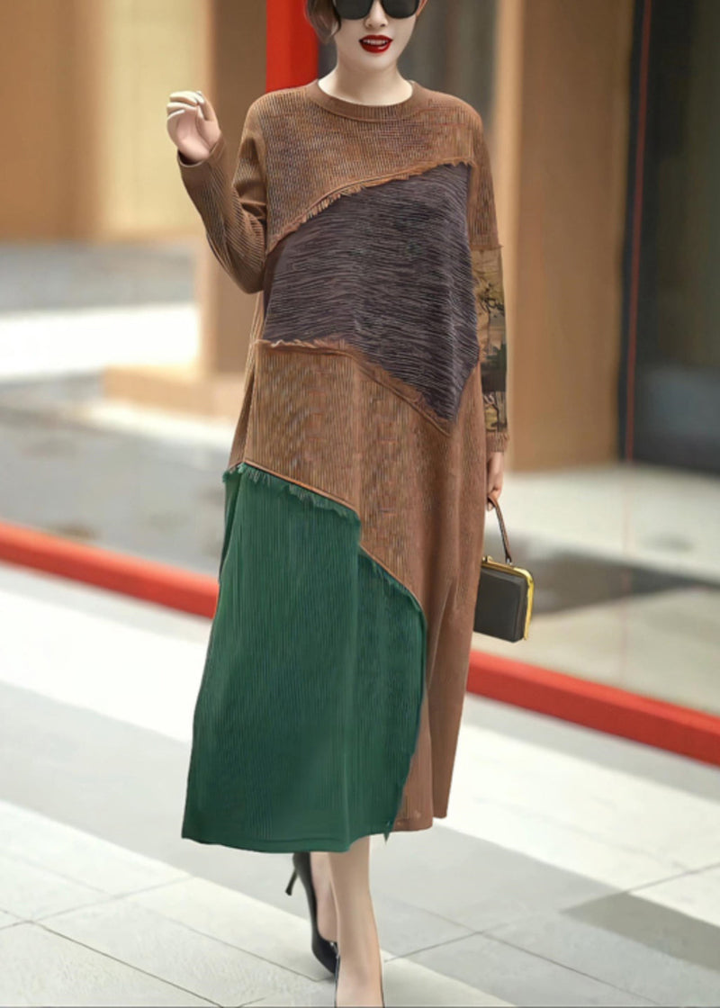 Coffee O Neck Patchwork Knit Long Dress Winter