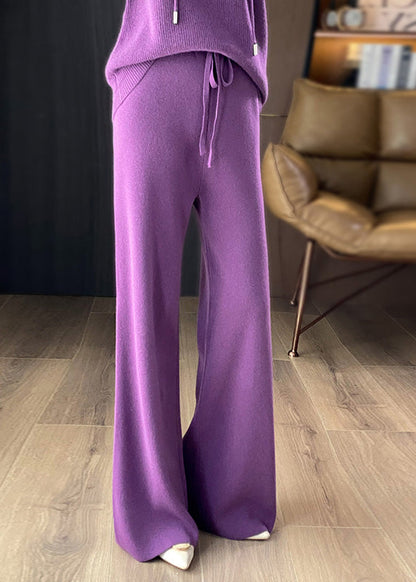 Organic Pink Tie Waist Wool Knit Wide Leg Pants Winter