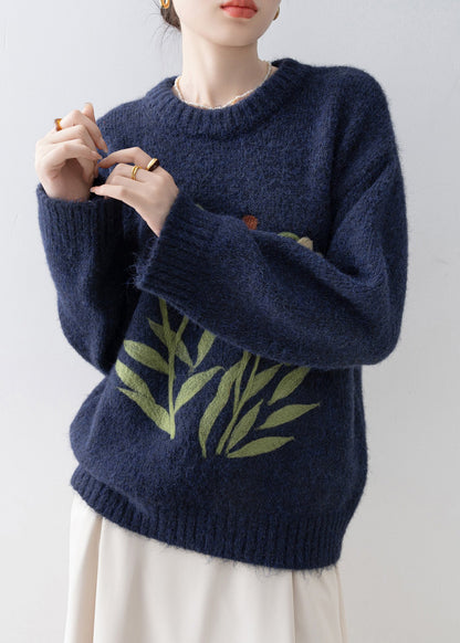 Simple Navy O Neck Knit Pullover Spring