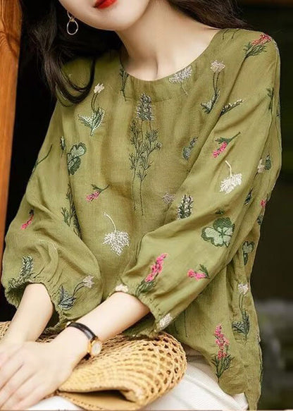 New Green O-neck Embroidered Cotton Shirts Bracelet Sleeve
