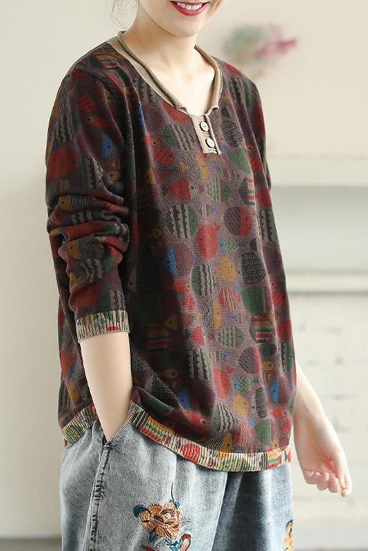 Round Neck Fish Print Knitted T-shirt