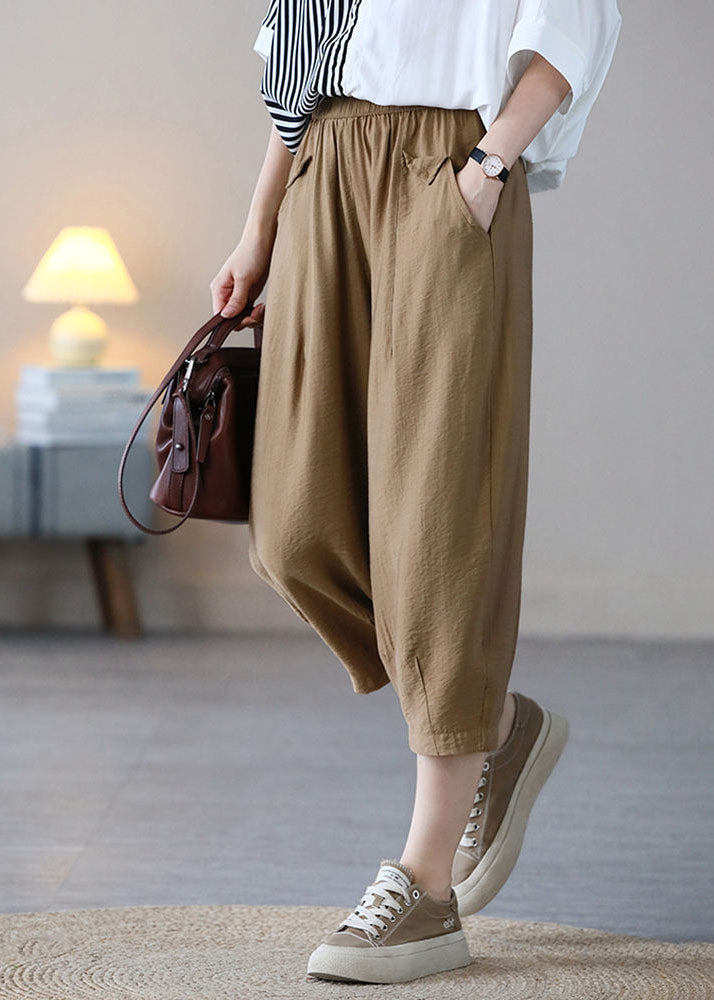 Khaki Elastic Waist Color Pockets Cotton Harem Pants Summer