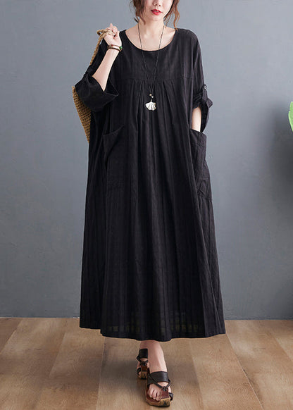 Loose Black O-neck Patchwork Pockets Maxi Dress Bracelet Sleeve