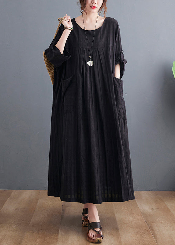 Loose Black O-neck Patchwork Pockets Maxi Dress Bracelet Sleeve