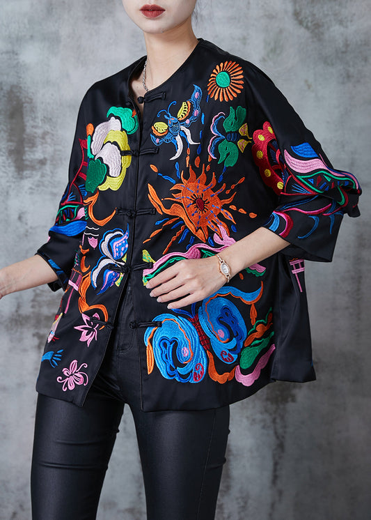 Black Embroidered Chinese Button Silk Coats Fall