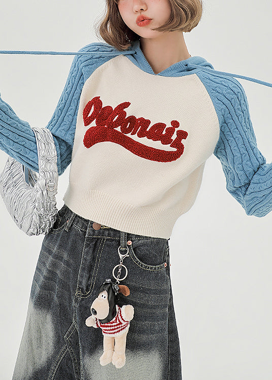 Blue Hooded Patchwork Jacquard Knit Sweatshirts Top Spring