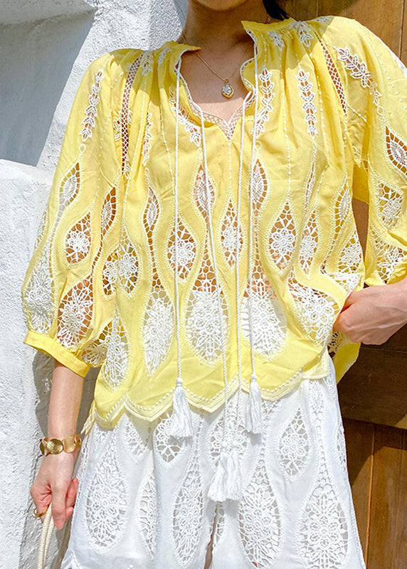 Art White Embroidered Hollow Out Cotton Shirt Summer