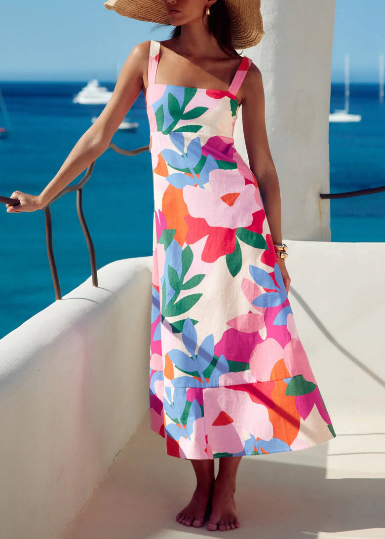 Print Exra Large Hem Cotton Spaghetti Strap Dress Summer