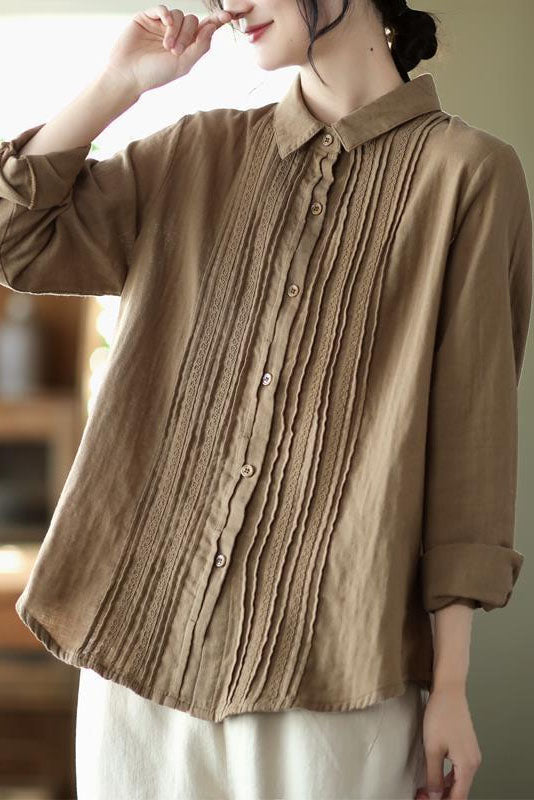 Spring Accordion Pleated Lace Cotton Shirt