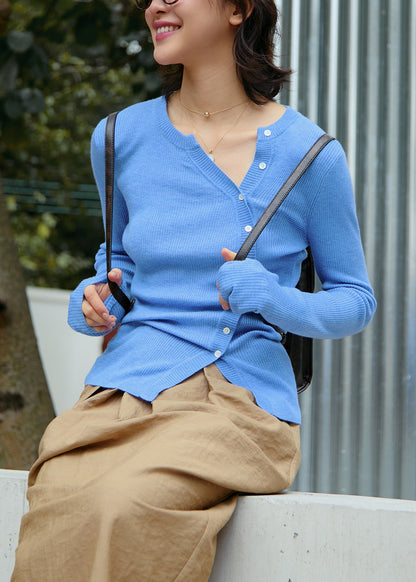 Coffee O Neck Button Slim Fit Woolen Knit Top Fall
