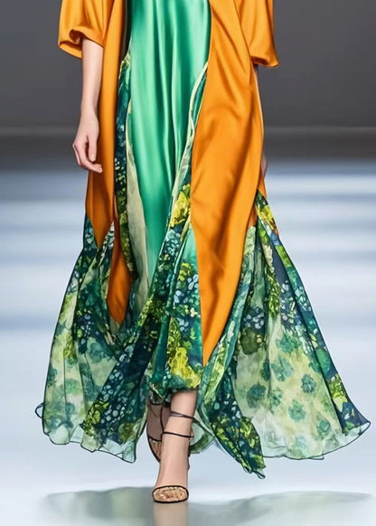 Unique Orange Asymmetrical Patchwork Silk Robe Dresses Half Sleeve