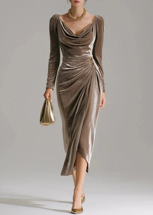 French Brown Square Collar Wrinkled Patchwork Velvet Dress Fall