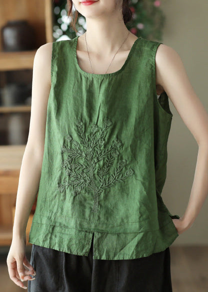 Green O-neck Embroidered Patchwork Side Open Linen Vest Summer