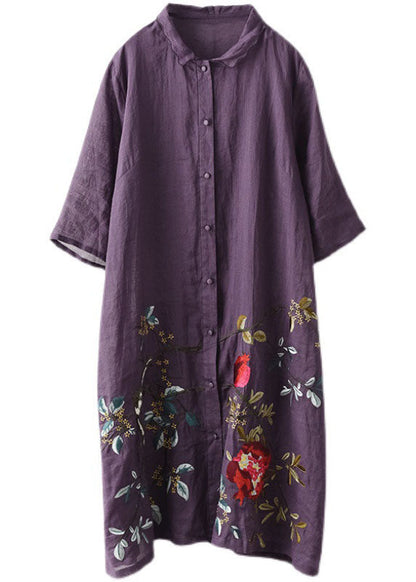 Purple Button Embroidered Fall Shirt Half Sleeve