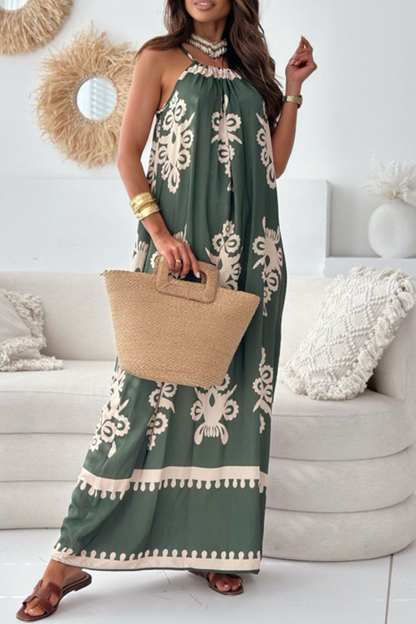 National Totem Print Draw String Square Neck Sling Dresses(4 Colors)