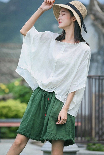 Loose Green and Yellow Linen Shorts Summer Trousers