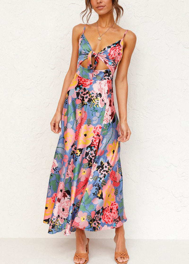 Unique Multicolor Backless Hollow Out Print Cotton Spaghetti Strap Dress Summer
