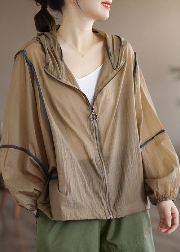 Khaki Patchwork Cotton Upf 50+ Coat Hooded Oversized Long Sleeve