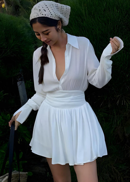 French White V Neck Shirt and Skirts Two Piece Set Fall