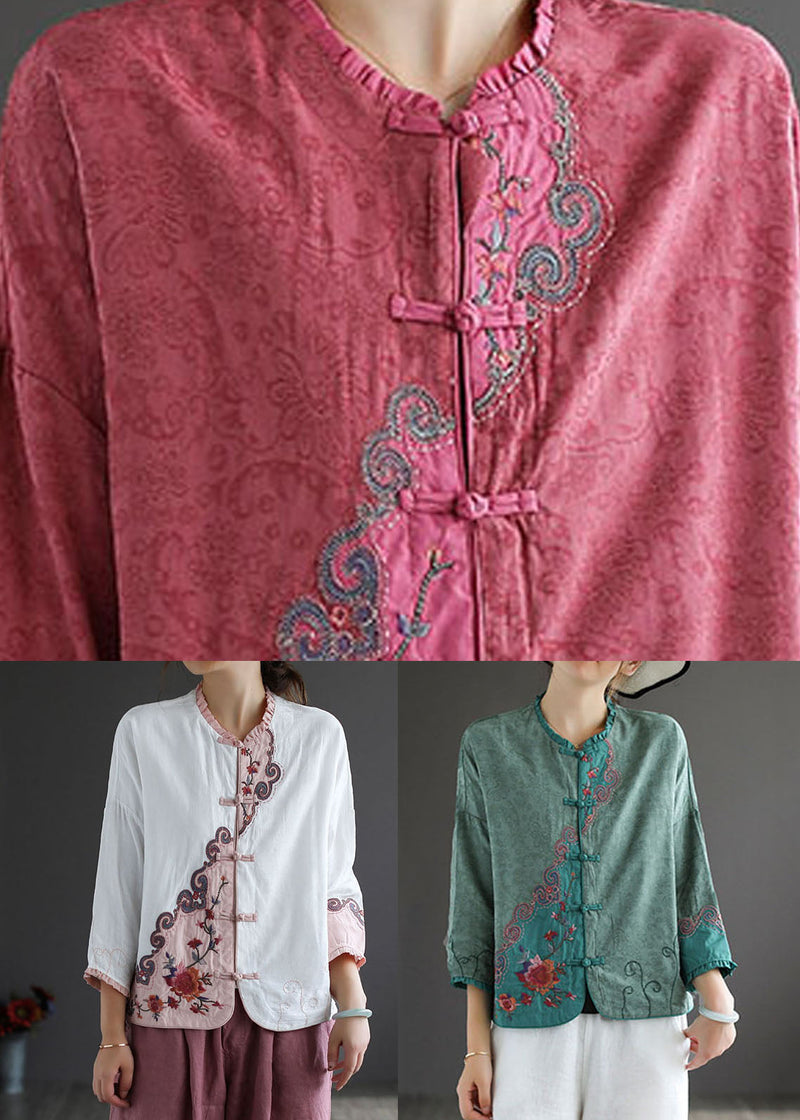 Rose Embroidered Chinese Button Patchwork Cotton Top Spring