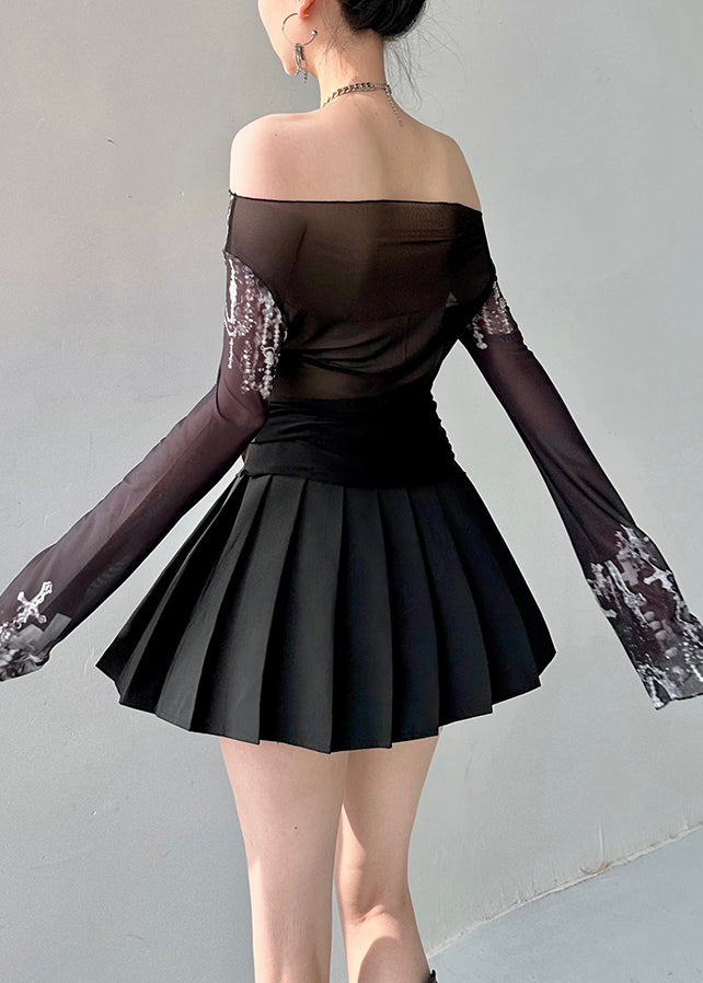Black Slash Neck Print Tulle Top Fall