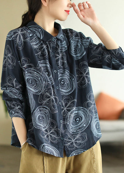 Navy Peter Pan Collar Print Patchwork Cotton Shirt Top Spring