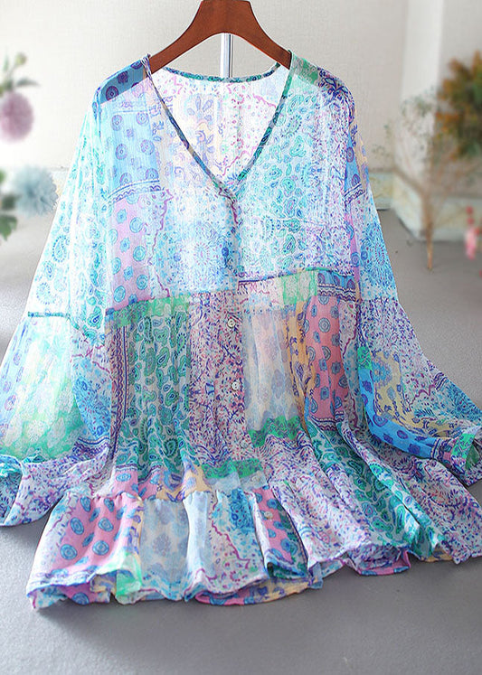 Blue Oversized Print Cotton Shirt Tops Spring