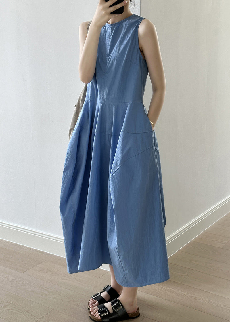 New Blue O-neck Pockets Cotton Long Dresses Sleeveless