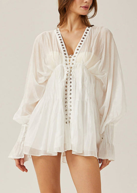 White Lace Up Hollow Out Thin Cotton Blouses Butterfly Sleeve