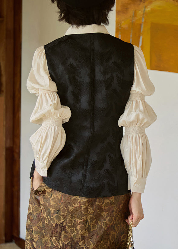 Black O Neck Jacquard Button Silk Vest Sleeveless