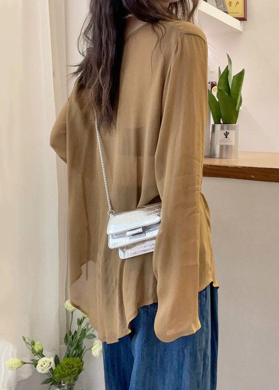 Khaki Front Open Cotton Fall Blouses V Neck