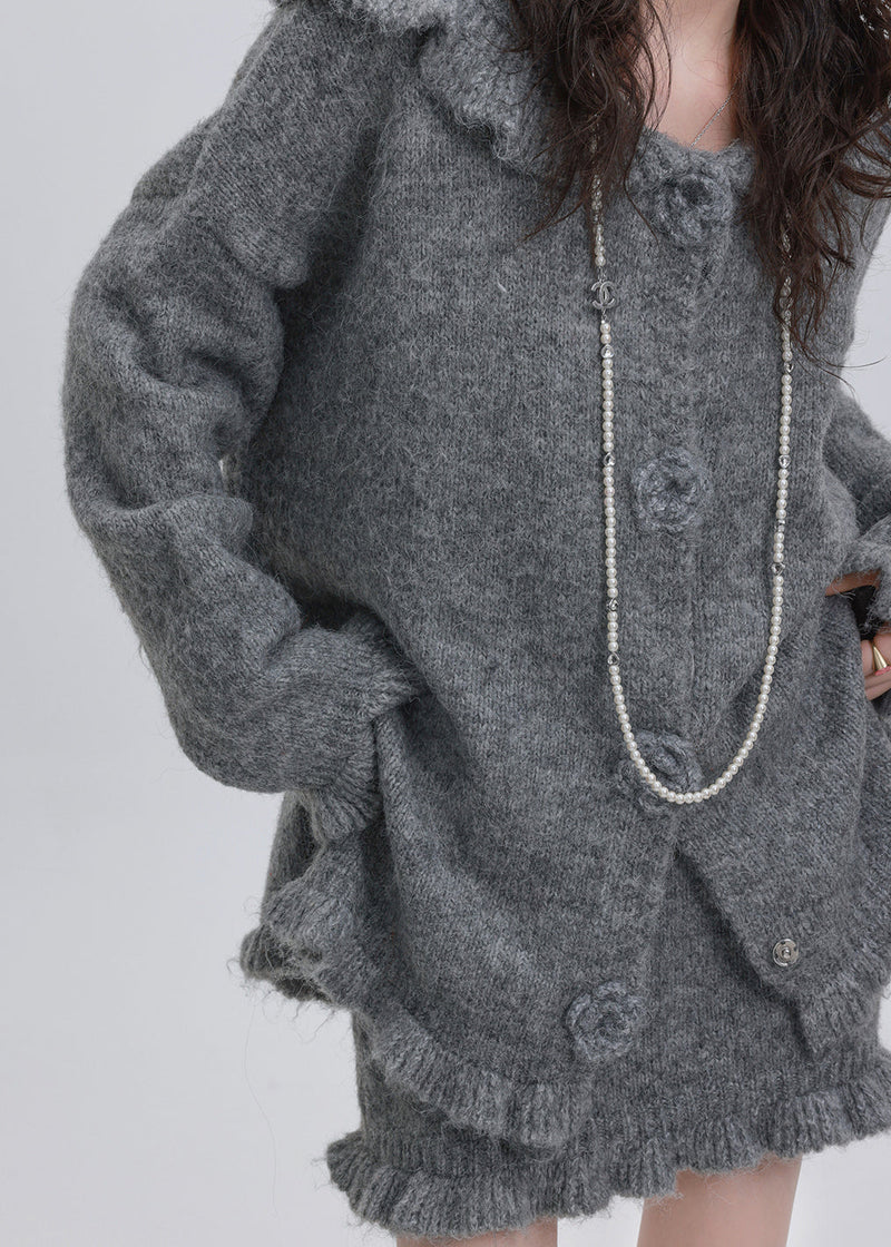 Grey Cotton Knit Hooded Cardigan and Skirts Two Pieces Set Puff Sleeve