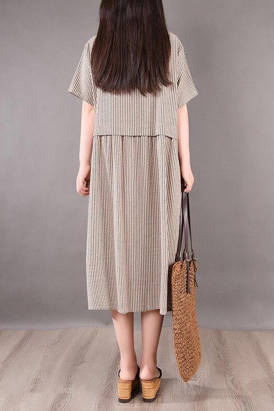 Cotton Irregular Stripes Short Sleeve Midi Dress