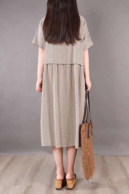 Cotton Irregular Stripes Short Sleeve Midi Dress