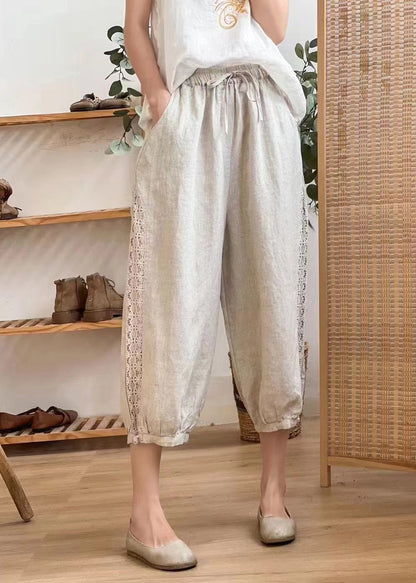 Linen Color Hollow Out Pockets Elastic Waist Harem Pants Summer