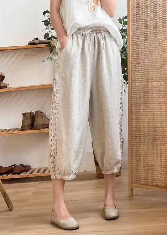 Linen Color Hollow Out Pockets Elastic Waist Harem Pants Summer