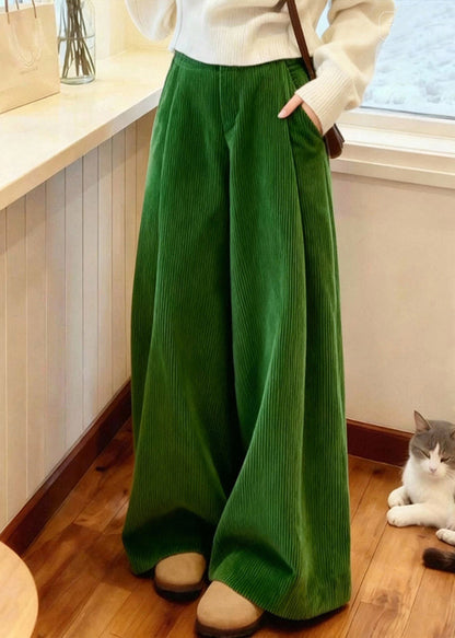 Green Pockets Corduroy Wide Leg Pants Spring