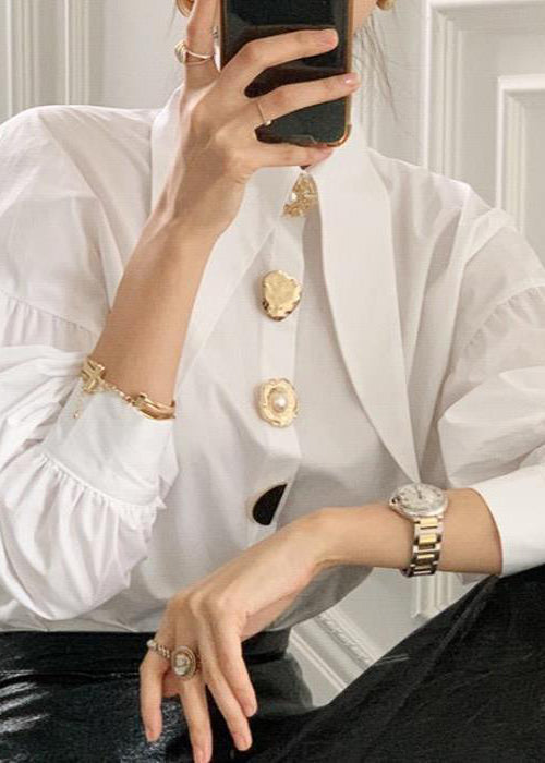 French White Peter Pan Collar Button Cotton Shirt Top Lantern Sleeve