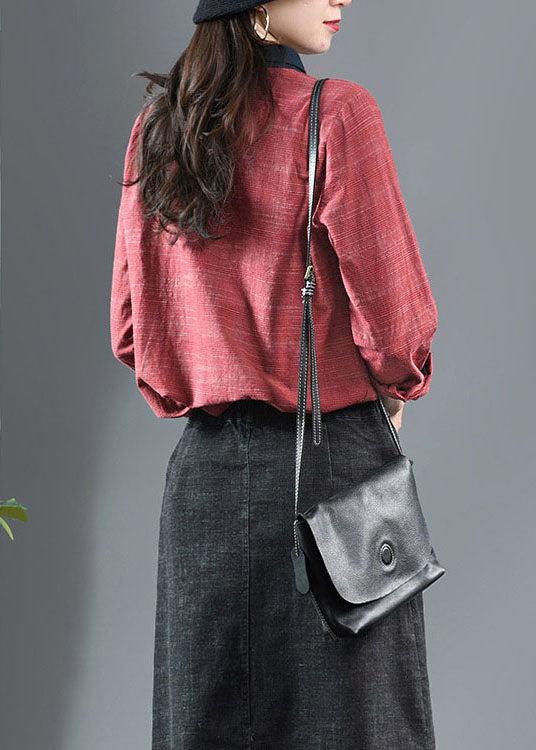 Red Peter Pan Collar Patchwork Cotton Shirt Long Sleeve