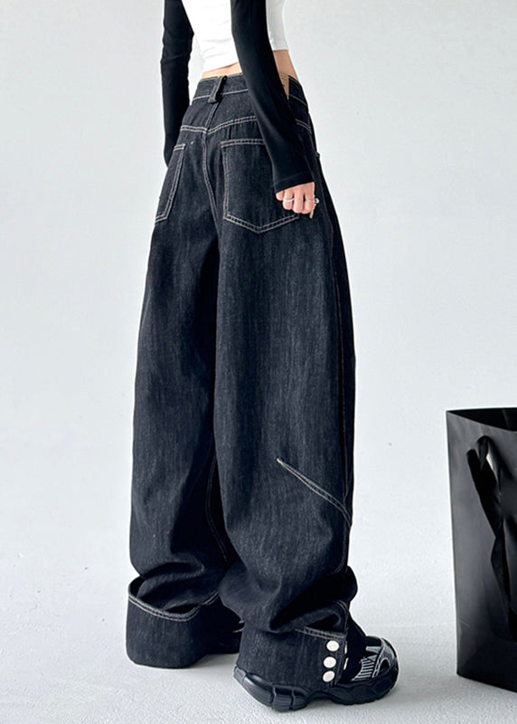 Black High Waist Patchwork Straight Denim Pants Spring