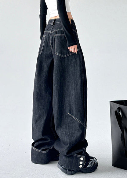 Black High Waist Patchwork Straight Denim Pants Spring