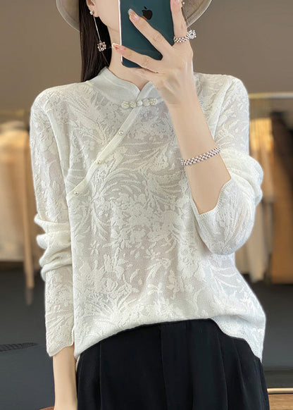 Beige Stand Collar Jacquard Woolen Sweater Spring