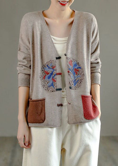 Blackish Green V Neck Patchwork Chinese Button Knit Cardigans Spring