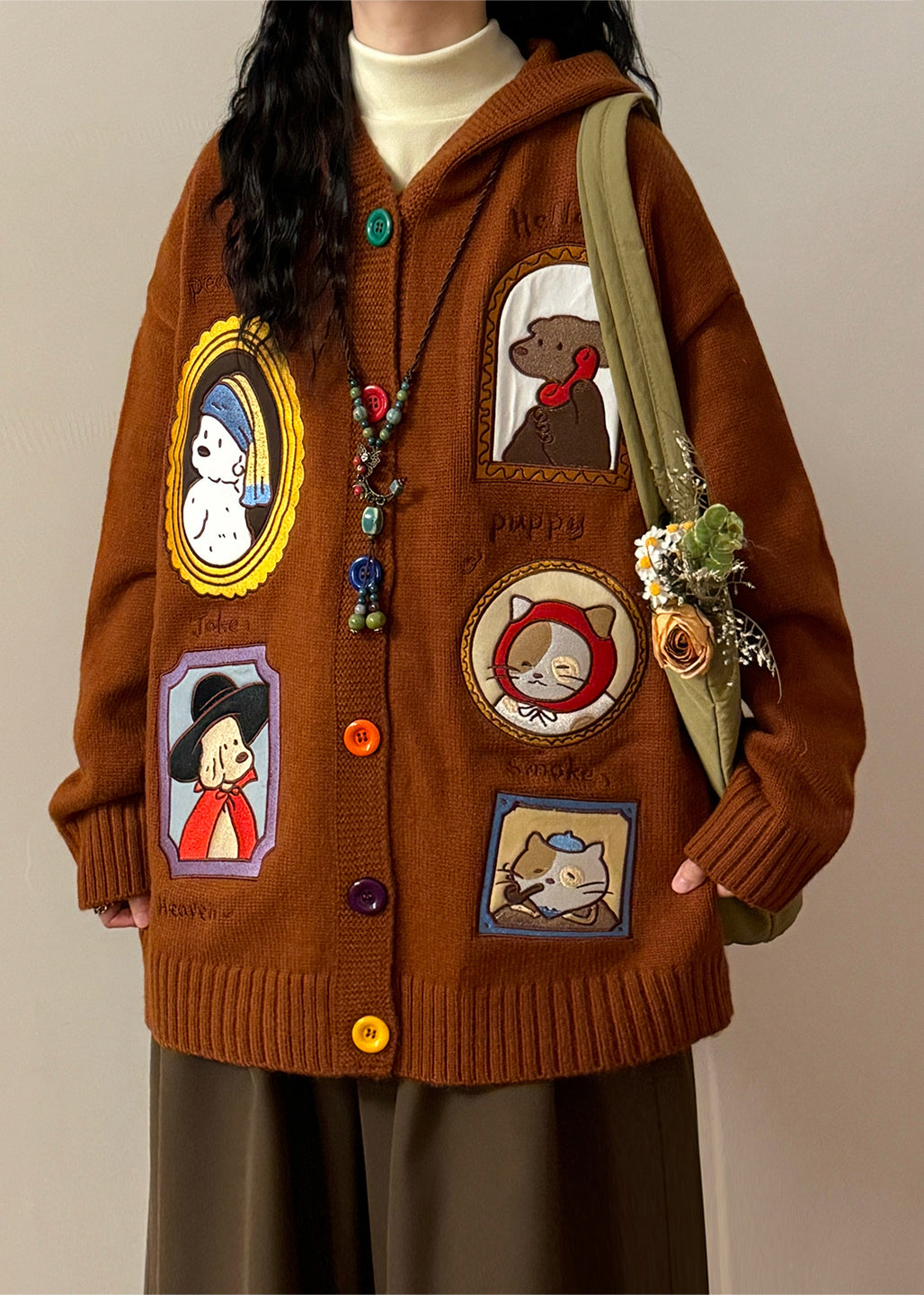 Brown Hooded Applique Button Knit Coats Spring