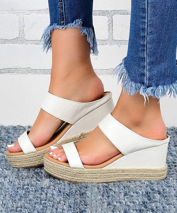 White Wedge Faux Leather Boutique Slide Sandals Peep Toe