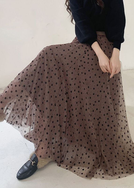 Coffee Wrinkled Print Patchwork Tulle Skirts Spring