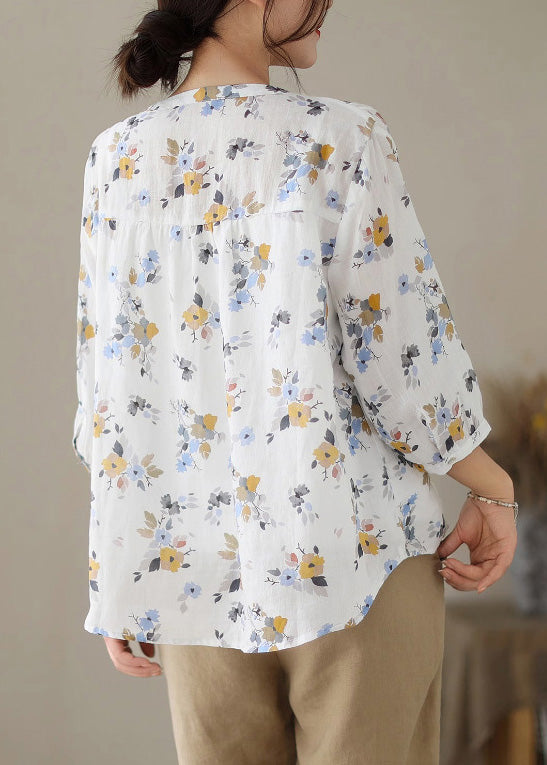 White O-neck Print Button Ramie Shirts Summer