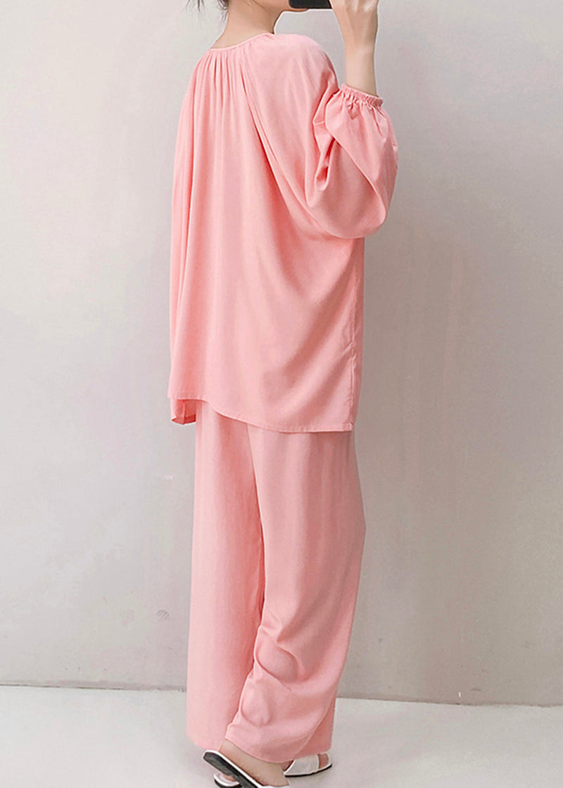 Loose Pink V Neck Cotton Pajamas Two Piece Set Fall